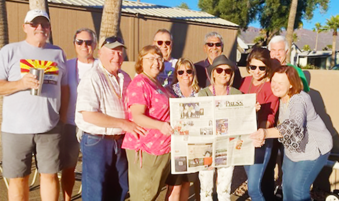 The following Pelican Rapids High School Graduates &amp; a few spouses took time out of Happy Hour in Apache Junction, AZ, to stop &amp; read the Press.
Included in the photos are Cindi Strand, 76; Gail Beech, 76; Julianne Holt, Ann Weiss Mark, 71; Jeff Holt, 76; Deb Evenson, 75; Dave Strand, 73; Dave Peterson, 69; Paul Beech, Daryl Weiss, 69; Gene Ripley 76.