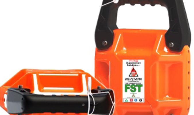An image of the fire suppressant tool, which is no larger than a typical purse. The units can be deployed at a fire scene by police or first reponders—giving firefighters early fire suppressant support before the trucks arrive.