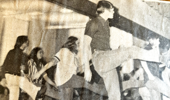 These high steppers participated in a fad dance class taught by Bonnie Bakko, a physical education teacher. I have no clue what this dance is, but I do remember line dancing to Michael Jackson’s “Rockin’ Robin.”