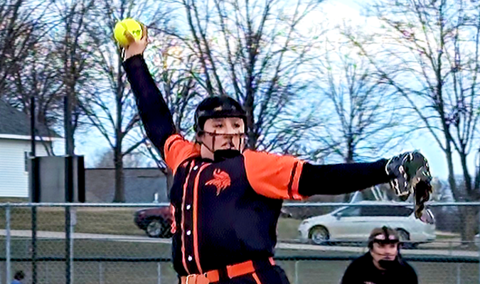Zayli Arrow pitches the first game of a doubleheader against Breckenridge-Wahpeton on April 10 at Pelican.